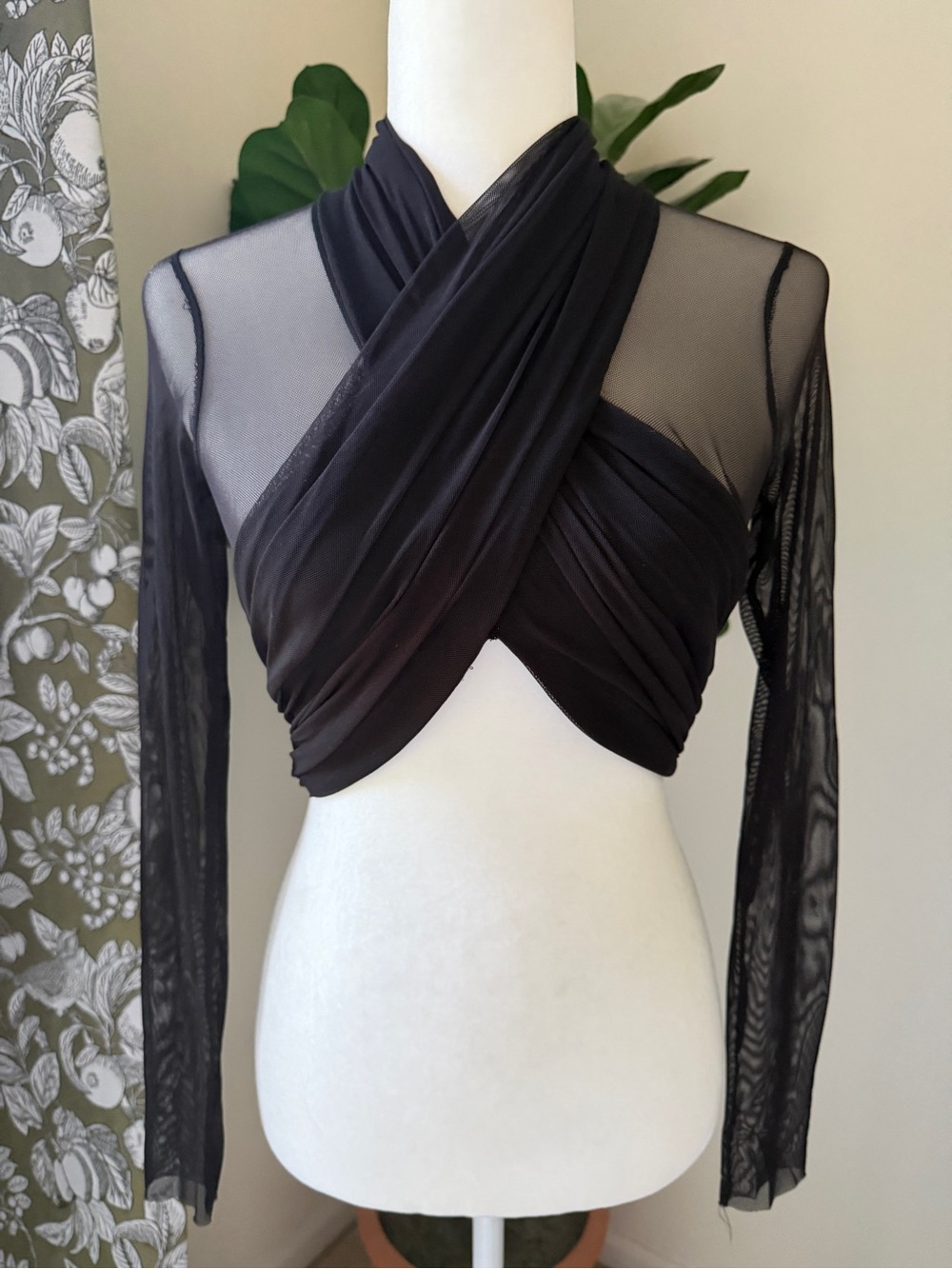 bec + bridge Black Mesh Long Sleeve Wrap Crop Top
